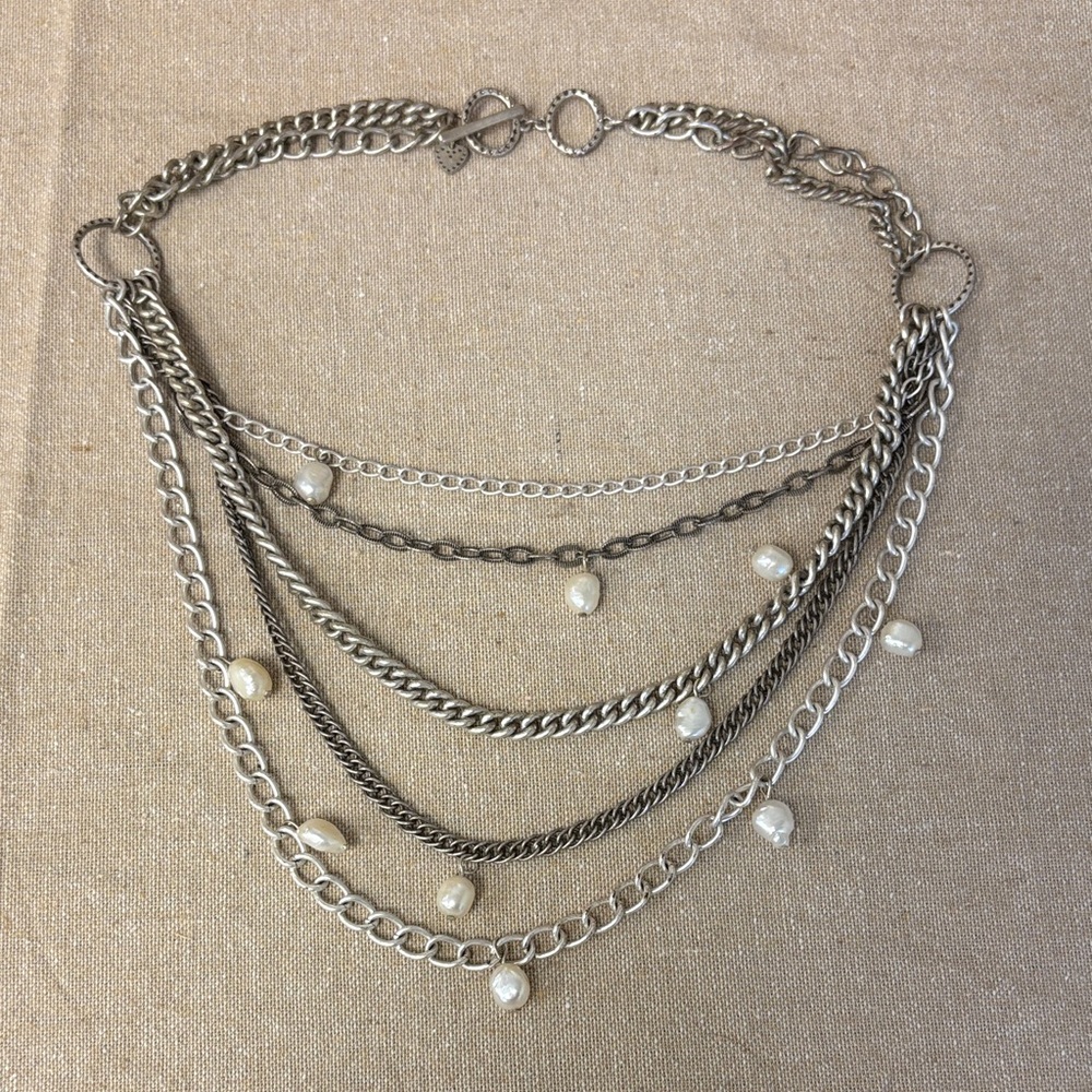 Stella & Dot Silver Multi-Layer Pearl Drop Necklace